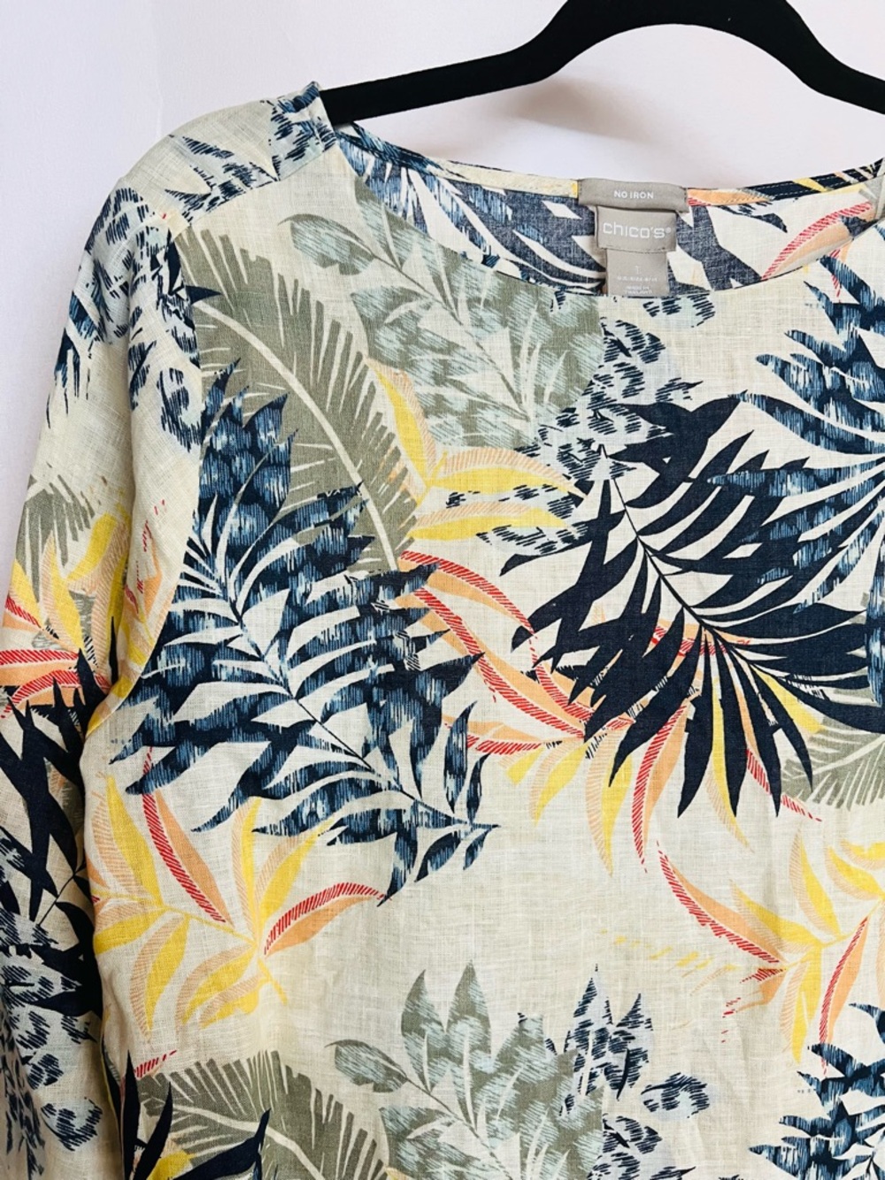 Chico's Cream Tropical Print 3/4 Sleeve Linen No Iron Women’s Tunic Blouse 1(M) - Picture 4 of 10